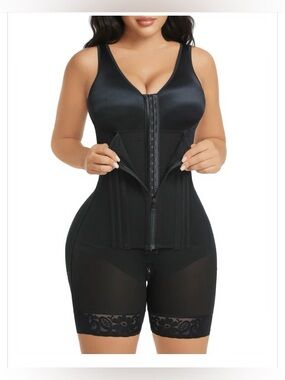 YIANNA Black Full-Body Shaper with Front Zip and Hook Closure